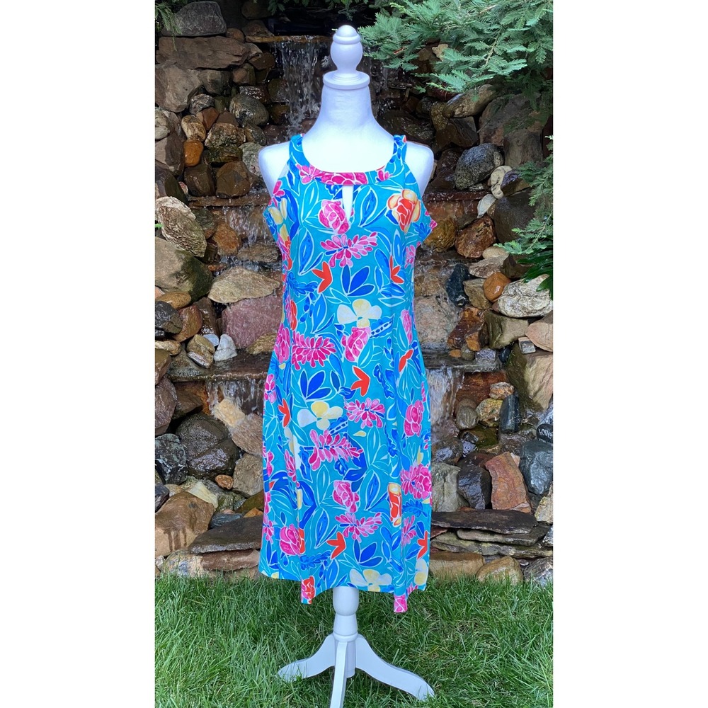 Banana Boat Sundress Size Medium New UPF 50+ Floral Blue Keyhole Halter Dress
